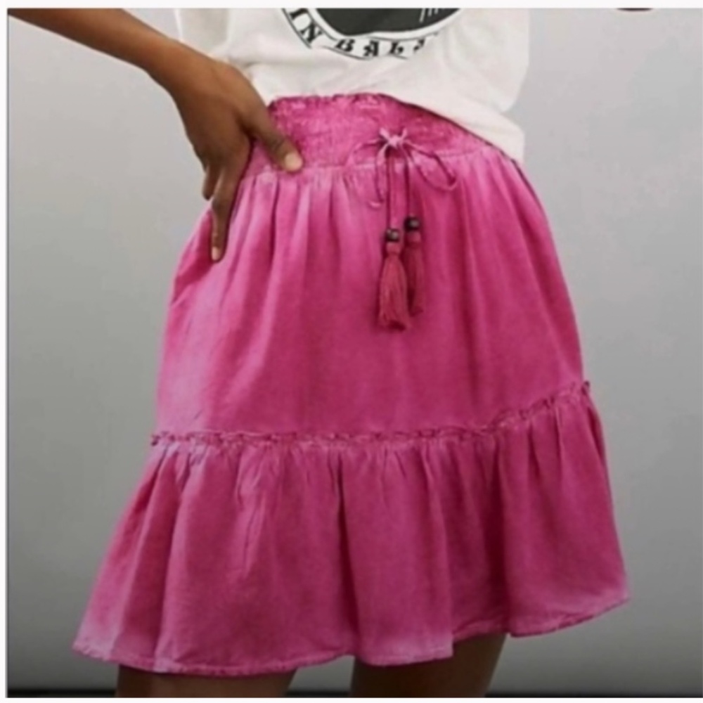 Pilcro Anthropologie cotton dark pink skirt elastic waist boho festival spring